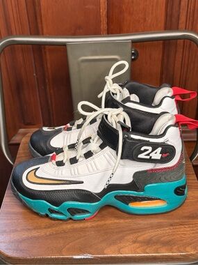 Nike Griffey Max  Kids White, Black, Teal & Red High-Top Sneakers with Gold Swoo